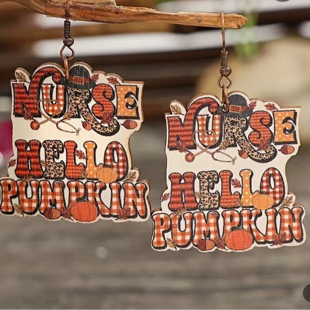 NWT Hello Pumpkin Nurse Earrings - Wooden